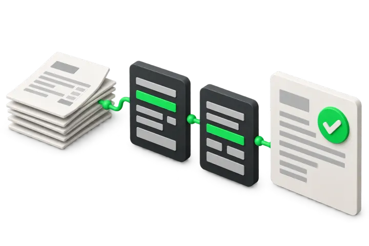 Documents moving through structured records to a review checkpoint