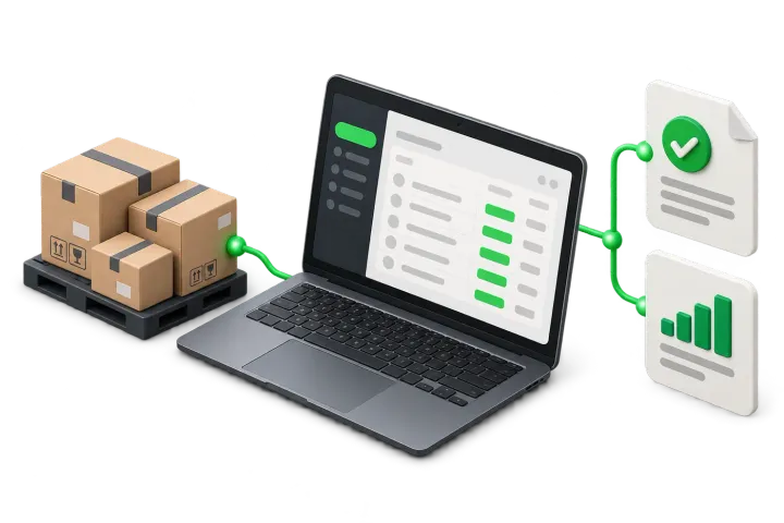 Inventory cartons connected to a laptop dashboard, approval records and reporting