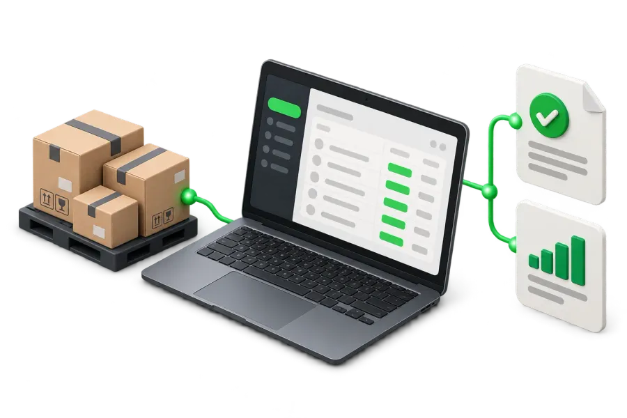 Inventory cartons connected to a laptop dashboard, approval records and reporting